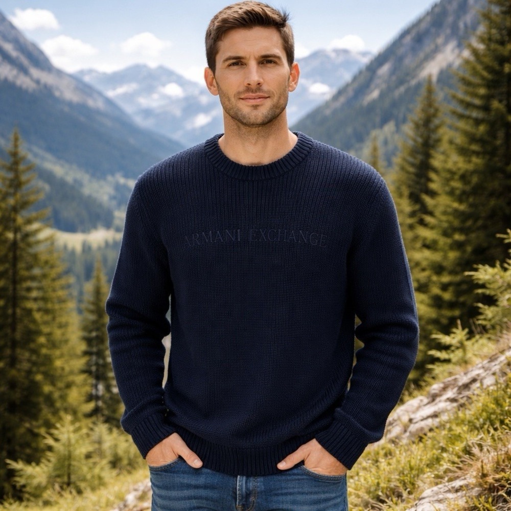 Y2K Armani Exchange Navy Ribbed Spellout Crewneck Heavy Knit Grunge Cozy XXL